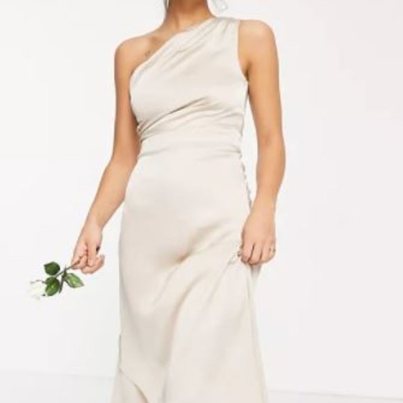 mink bridesmaid dresses asos TFNC Tall Bridesmaid satin cami dress in mink